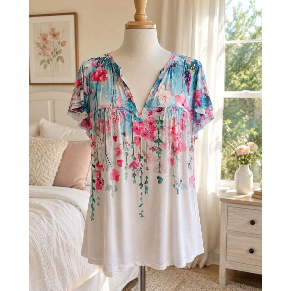 SourWomen's Floral Sleeve Blouse V-Neck Casual Top